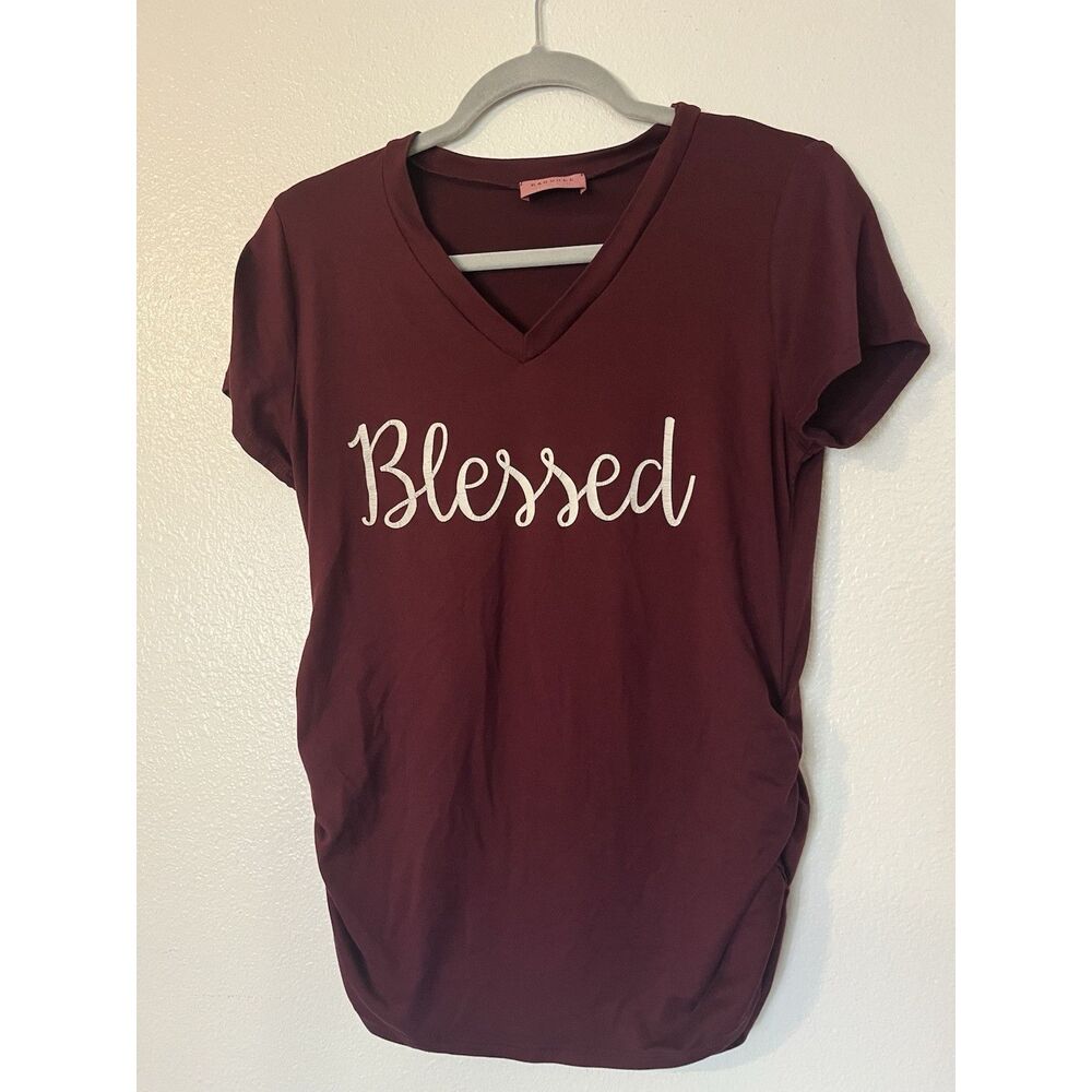 Ragdoll Maternity Burgundy V-Neck Short Sleeve Ruched "Blessed" T-Shirt L